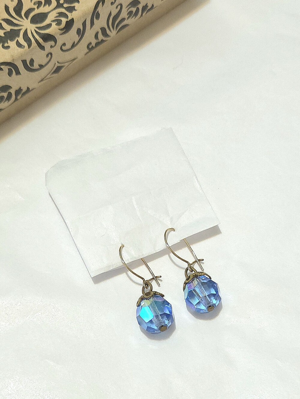 Vintage 10K Gold Blue Aurora Borealis Crystal Dangle Earrings Handmade